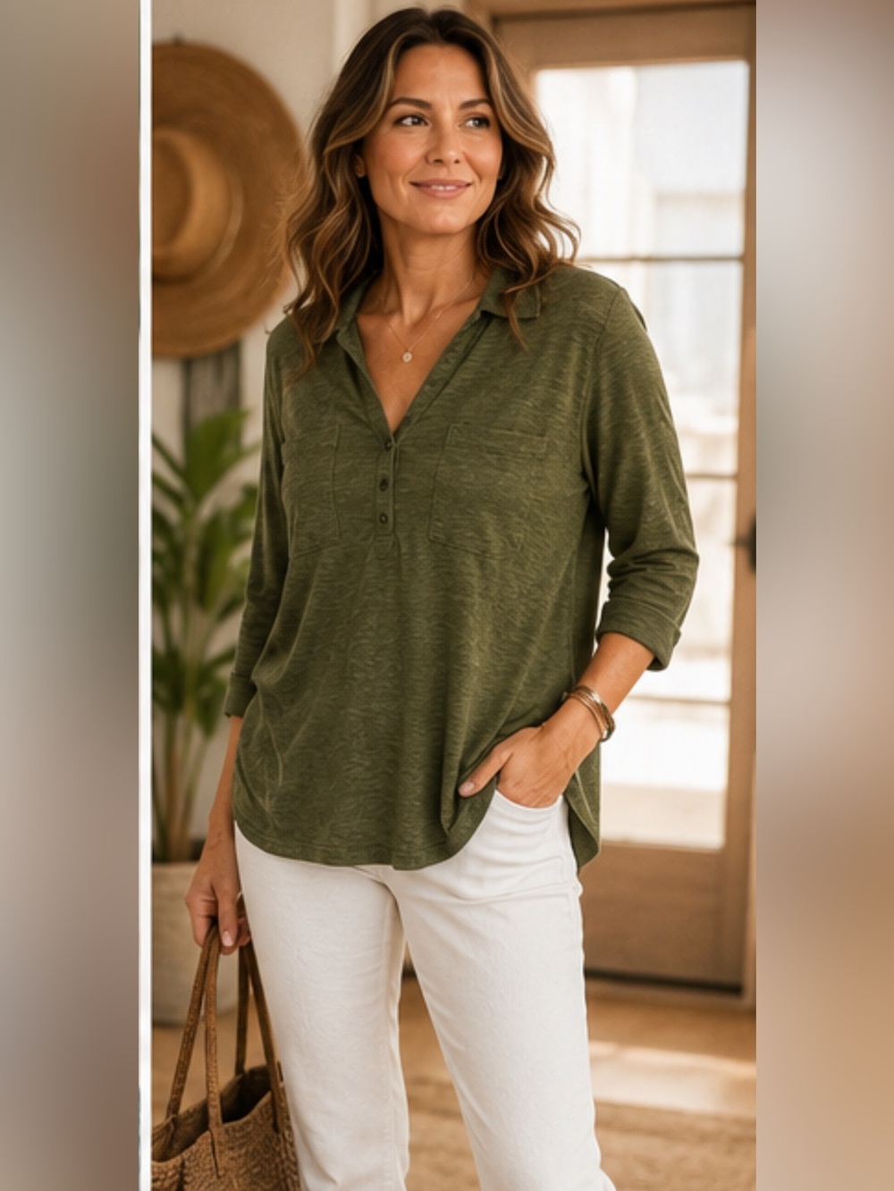 Chico's‎ Olive Green Long Sleeve V-Neck Henley Top Large